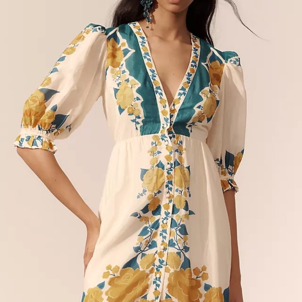 NWT FARM Rio For Anthropologie Puff Sleeve Printed Floral Midi Dress Large